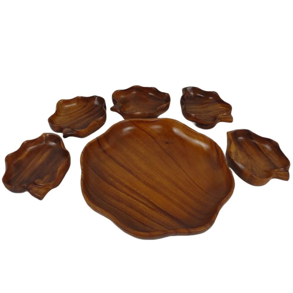 Vtg Blair Hawaii Honolulu Monkey Pod Wood‎ Leaf Bowls 6pc Set 1960s Serving Tray